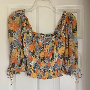 Abercrombie & Fitch Floral Puff-Sleeve Cropped Top - Orange, Yellow, Blue